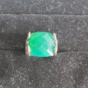 Genuine Green Agate, Marcasite and Sterling Silver Ring, size 7